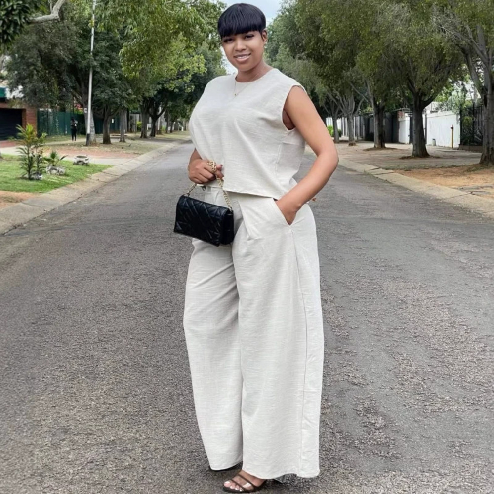 ZARA Plus Size Sleeveless Vest and Wide Leg Pants Set African Style